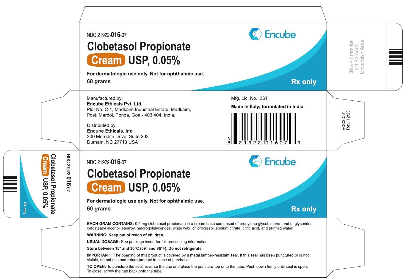 Clobetasol Propionate Topical Cream 0.05% Tube 30gm Each Encube Ethicals Inc