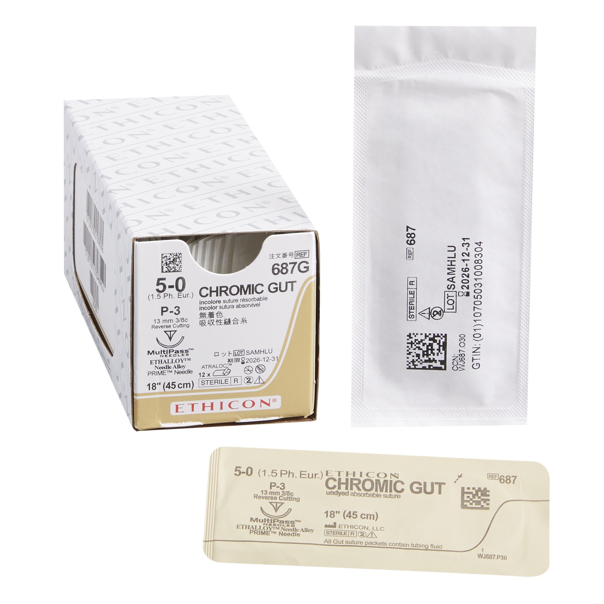 Absorbable Suture with Needle GUT CHROMIC Gut P-3 3/8 Circle Needle Size 5-0 Monofilament
