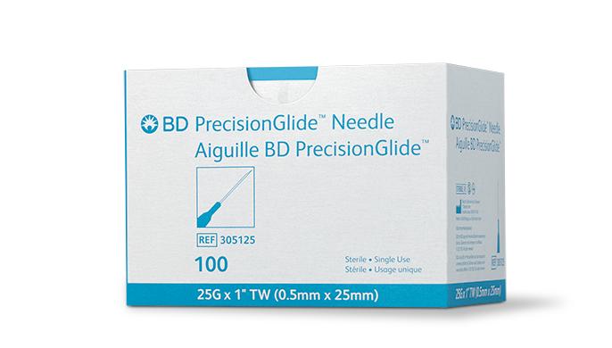 Ndl PrecisionGlide 25g 1" Hypodermic Regular Bevel Ster Latex-Free Disp Blu 100/Box, 10 BX/CA 305125