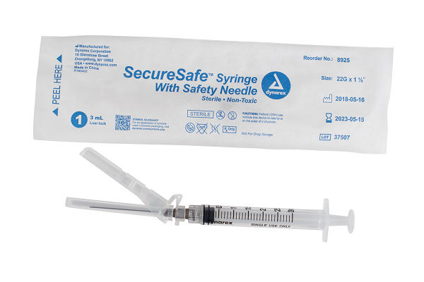 SecureSafe Syringe w Safety Needle 3cc 22G 1.5 100 Dynarex Corporation