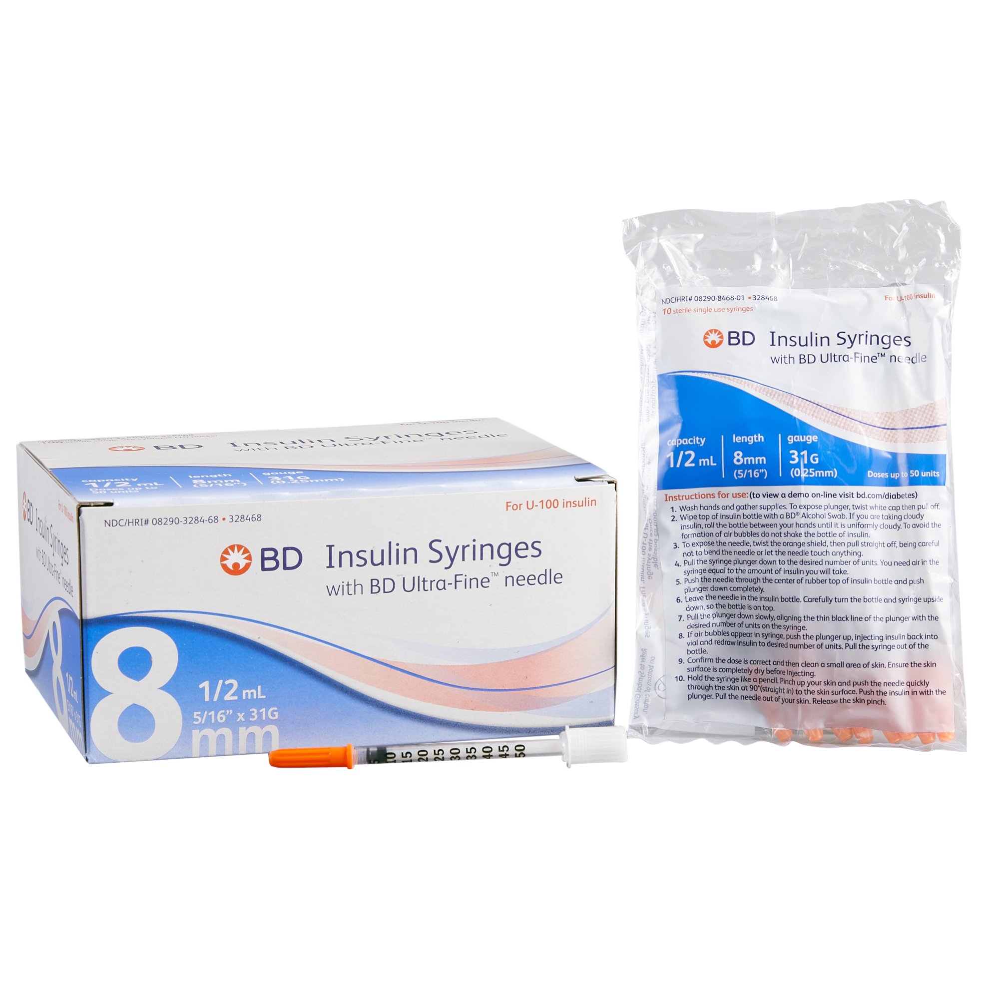 INSULIN SYRINGE U100 0.5cc 31G X 5/16 (8MM) 100/BX Embecta 328468