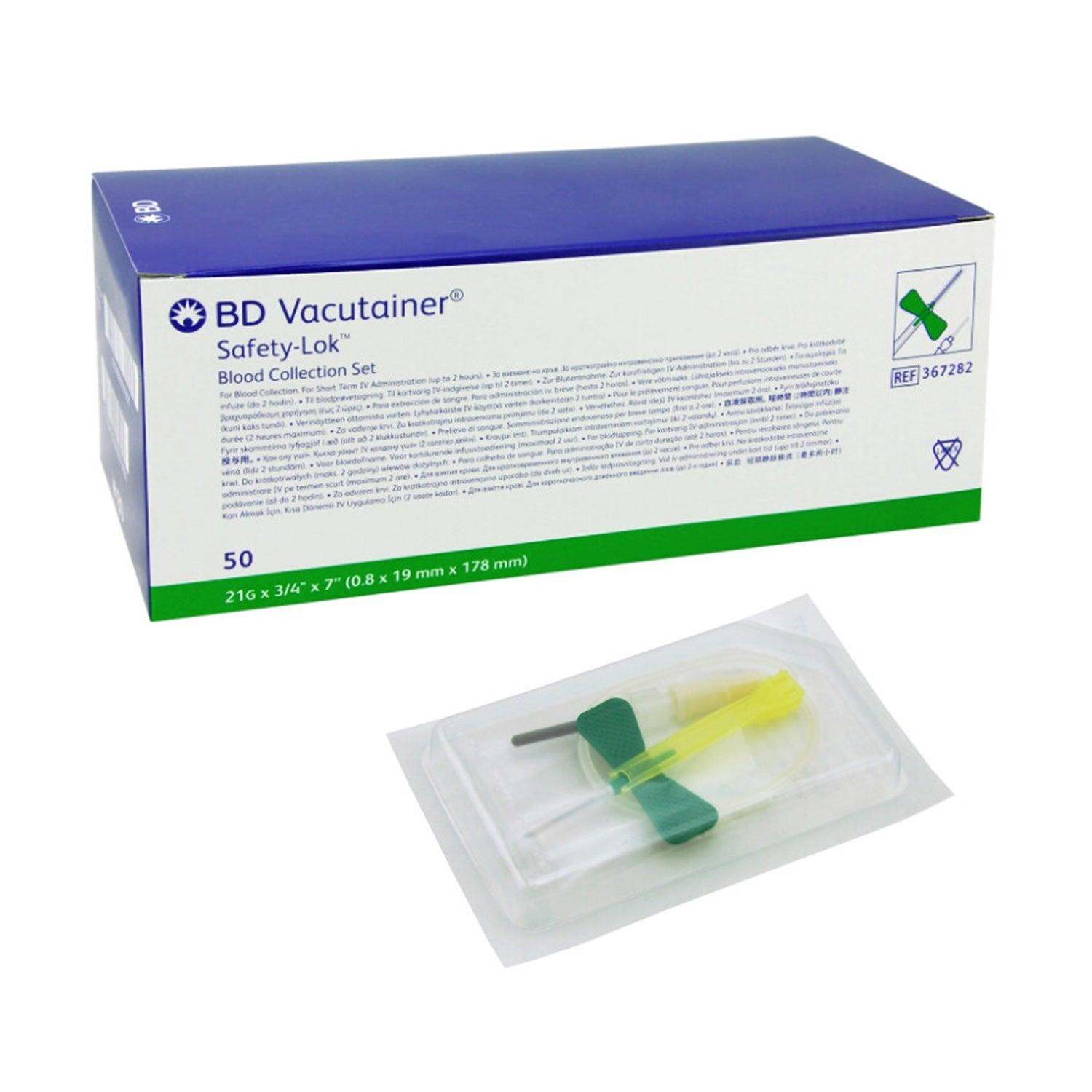 Safety-Lok Blood Collection Set 21g 3/4" 12" Tubing Winged Green Safety Disposable 50/Box, 4 BX/CA