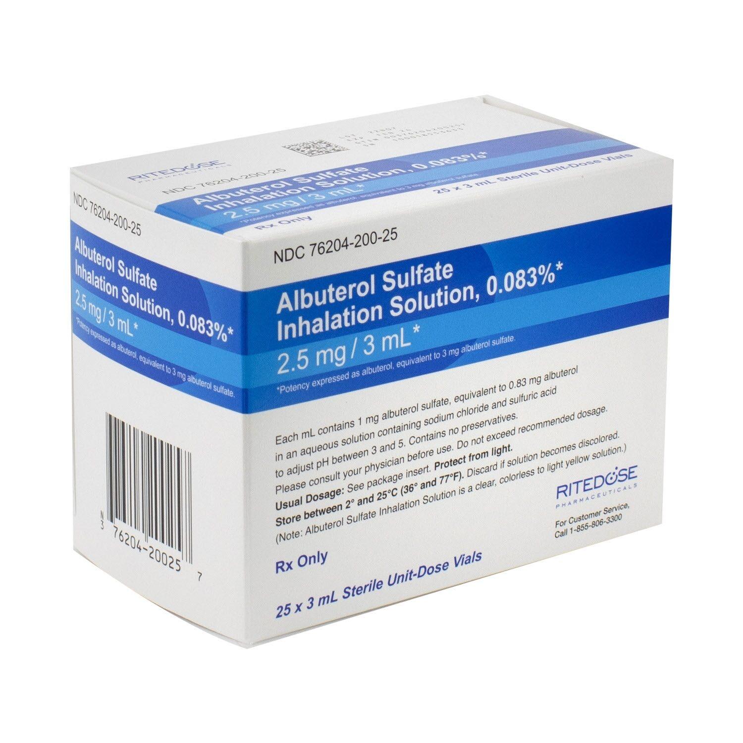 Albuterol Sulfate Inhalation Solution 0.083% Vial 3mL 25/Package Ritedose Pharmaceuticals