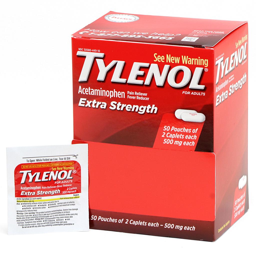 Tylenol Pain Reliever/Fever Reducer Caplets 500mg Extra Strength Industrial Pack 50x2/Box, 36 BX/CA