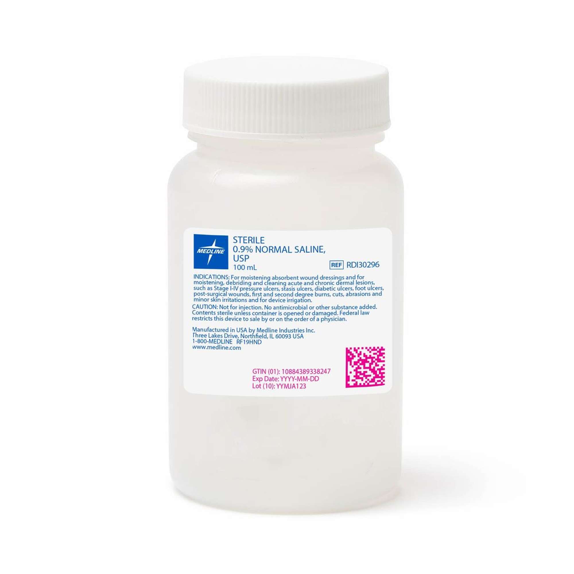Irrigation Solution Saline 0.9% 100mL Plastic Pour Bottle USP Ster Cap Closure 48/Case RDI30296