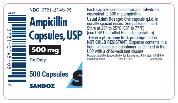 Ampicillin Capsules 500mg Bottle 100/Bottle Sandoz Inc