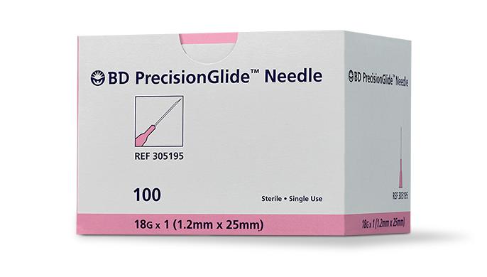 Ndl PrecisionGlide 18g 1" Hypodermic Regular Bevel Ster Latex-Free Disp 100/Box, 10 BX/CA 305195