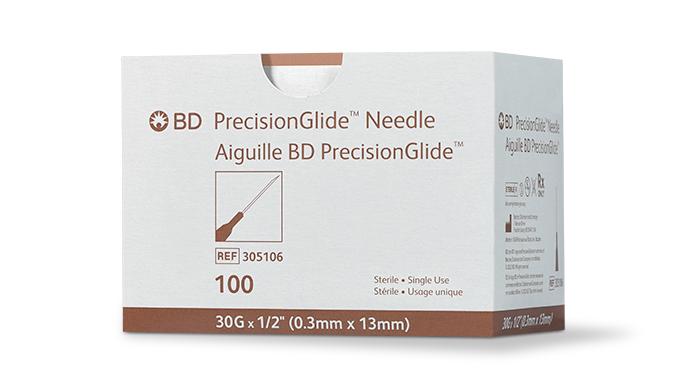 Ndl PrecisionGlide 30g 1/2" Hypodermic Regular Bevel Ster Latex-Free Disp 100/Box, 10 BX/CA 305106