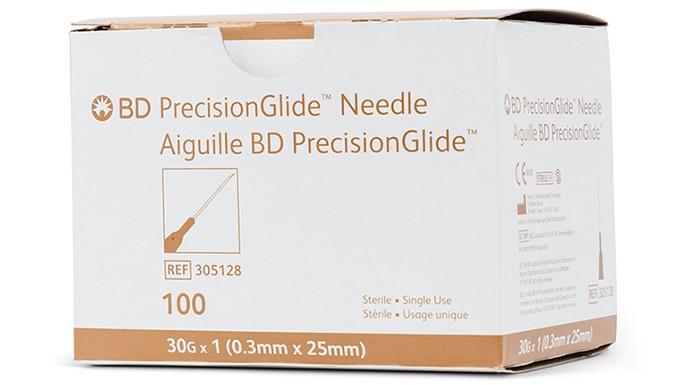 Ndl PrecisionGlide 30g 1" Hypodermic Regular Bevel Ster Latex-Free Disp Tan 100/Box, 10 BX/CA 305128