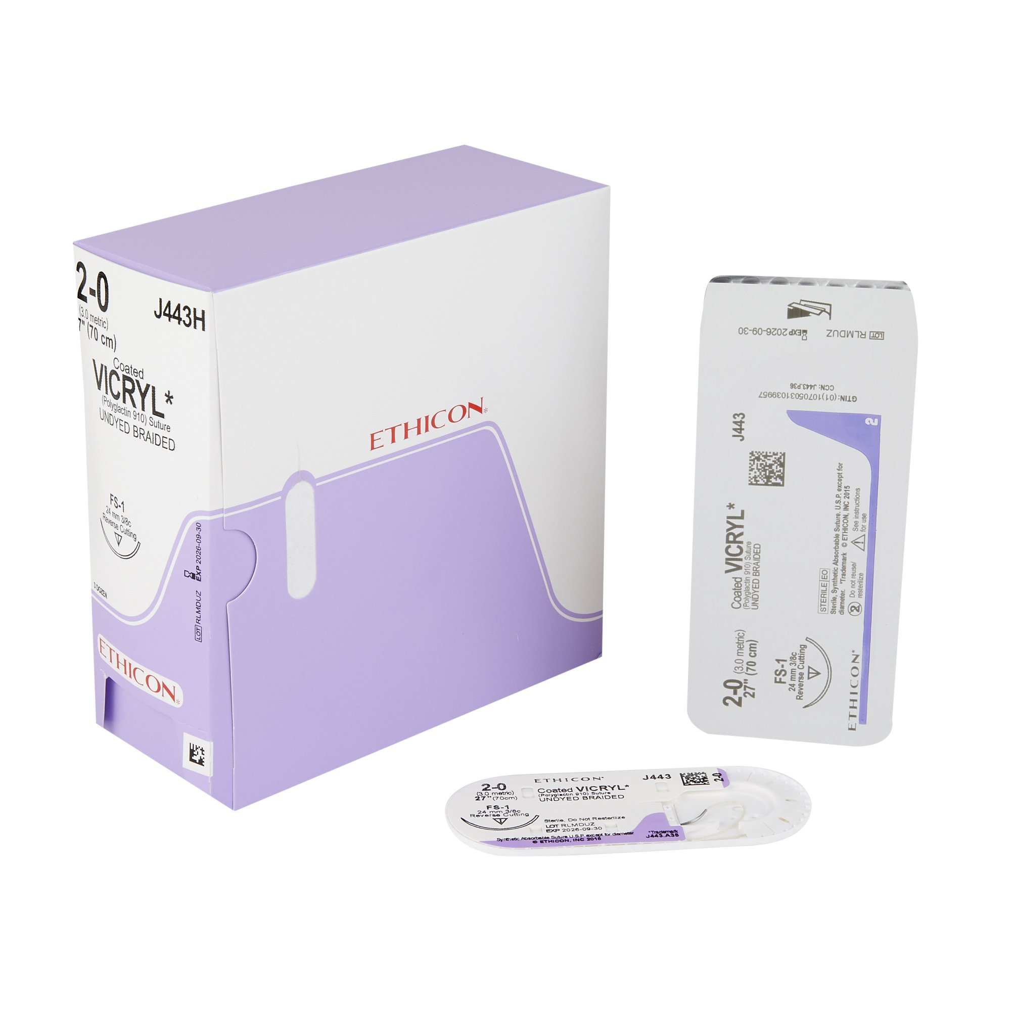 Absorbable Suture with Needle Coated Vicryl™ Polyglactin 910 FS-1 3/8 Circle Needle Size 2-0 Braided