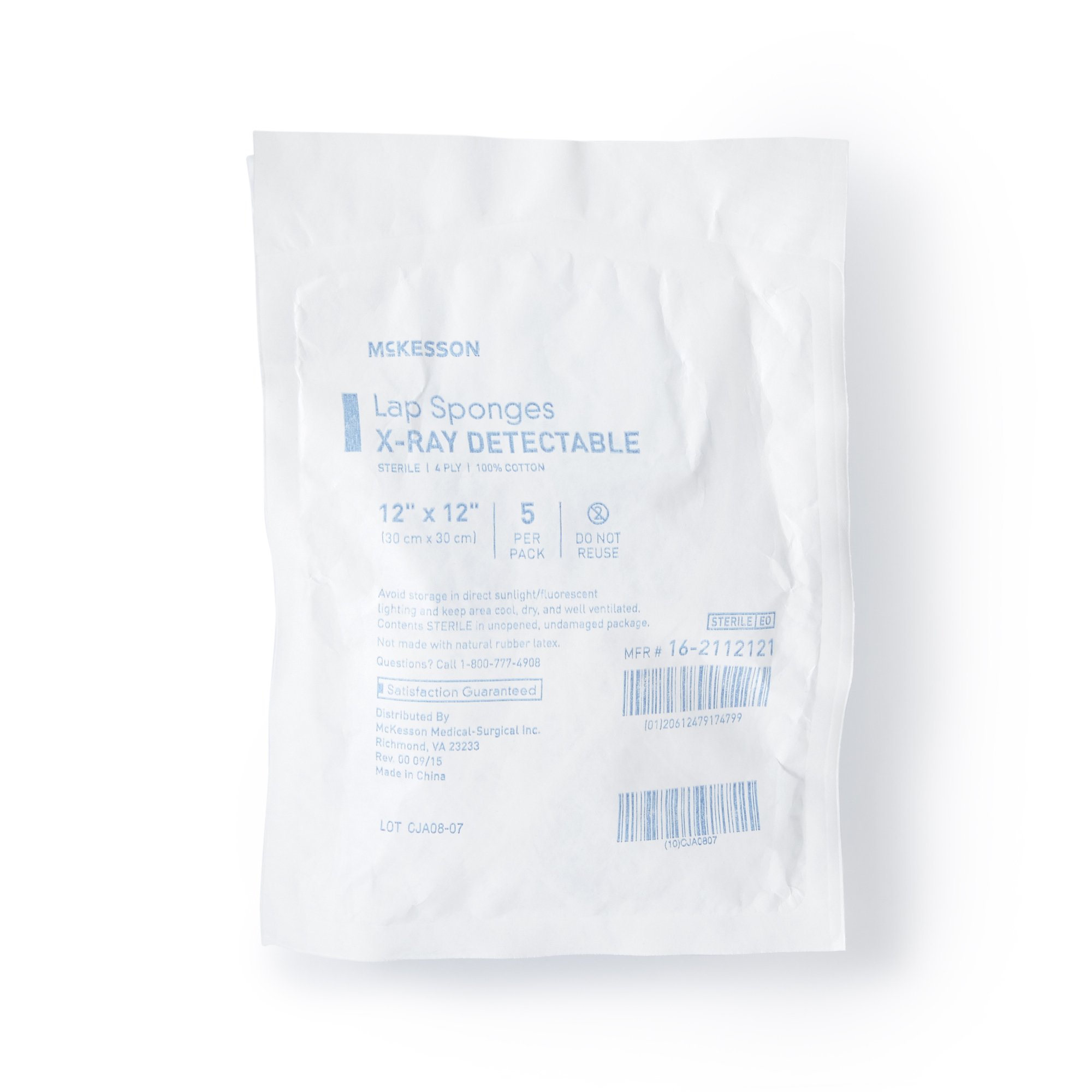 Surgical Laparotomy Sponge McKesson X-Ray Detectable Cotton 12x12 in 5 Count Soft Pack Sterile