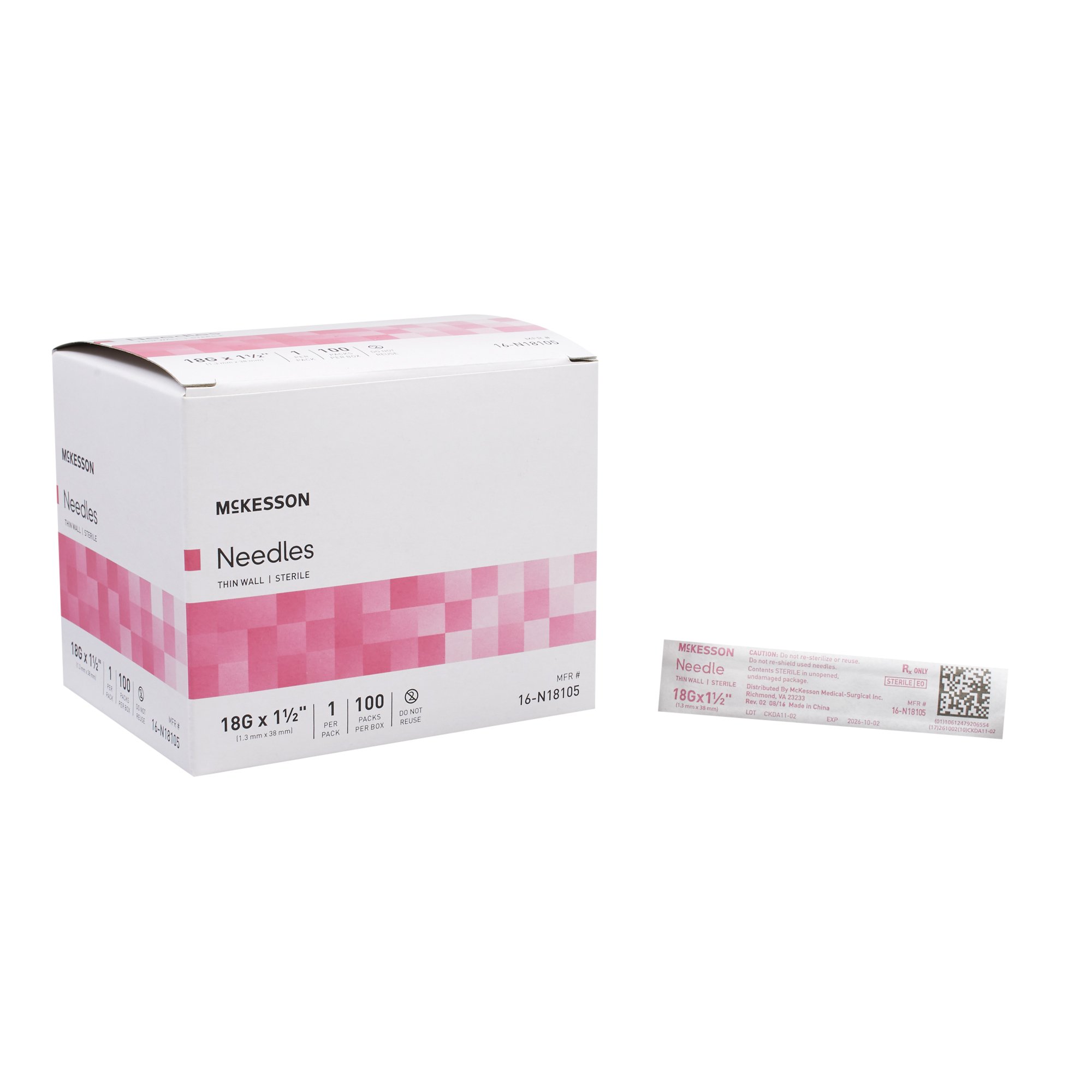 Hypodermic Needle ThinWall 18GX1 1/2" 100/BX Mckesson Medical and Surgical Inc 16-N18105