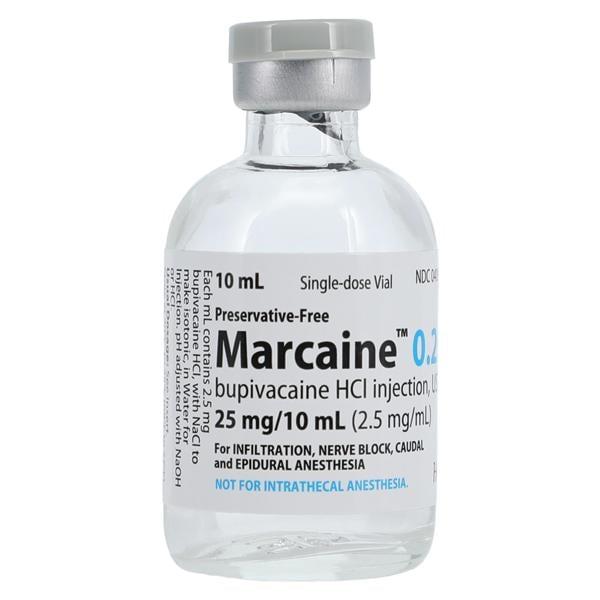 Marcaine" Bupivacaine HCl, Preservative Free 0.25%, 2.5 mg / mL Injection Single Dose Vial 10 mL
