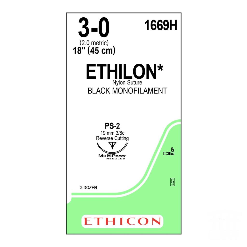 Ethilon Suture Nylon Monofilament 3-0 18" Non-Absorbable PS-2 Cutting Uncoated Black 36/Box 1669H