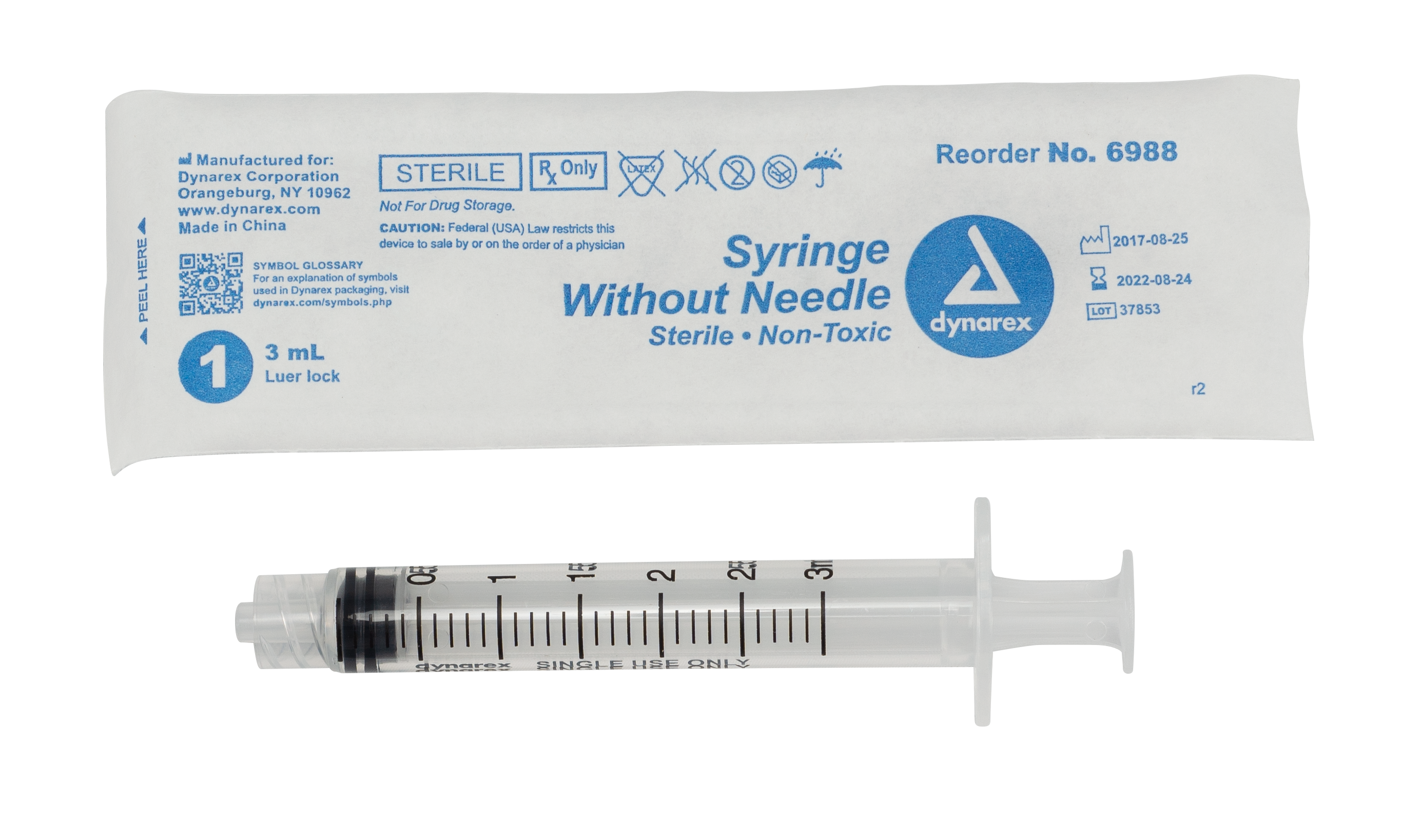 Syringe Only - Luer Lock 3cc 100 Ct Dynarex Corporation 6988