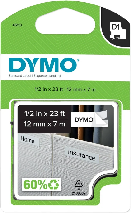 D1 Polyester High-Performance Removable Label Tape, 1/2in x 23ft, Black on White
