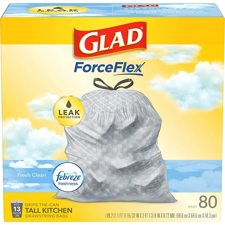 Glad® ForceFlex Tall Kitchen Drawstring Trash Bags, 13 Gallon Trash Bag, Fresh Clean scent with Febreze Freshness, 80 Count