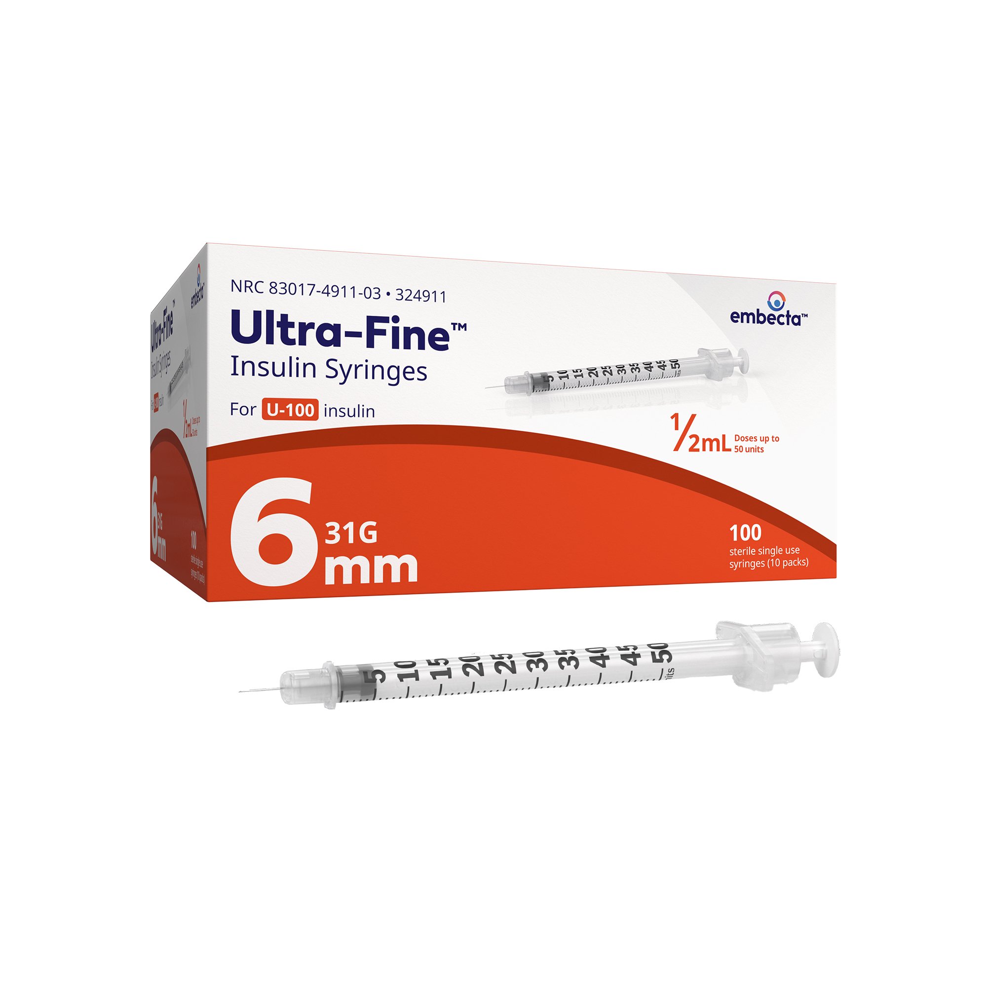 Standard Insulin Syringe with Needle Veo™ Ultra-Fine™ 0.5 mL 15/64 in 31 Gauge NonSafety Regular