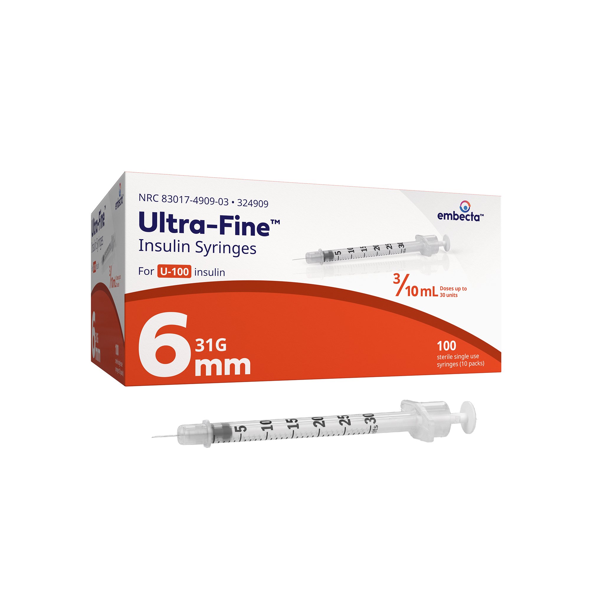 ULTRAFINE SYRINGE INSULIN 31G 6MM 0.3ML 100/PK Embecta 324909