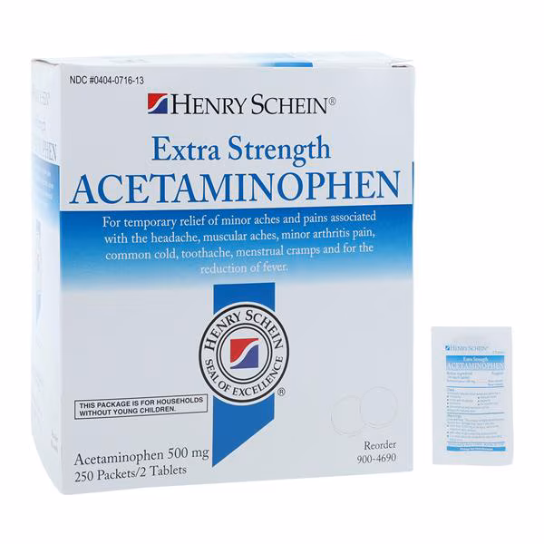 Henry Schein Pain Reliever/Fever Reducer Tablets 500mg Extra Strength Pouch 250x2/Box, 12 BX/CA