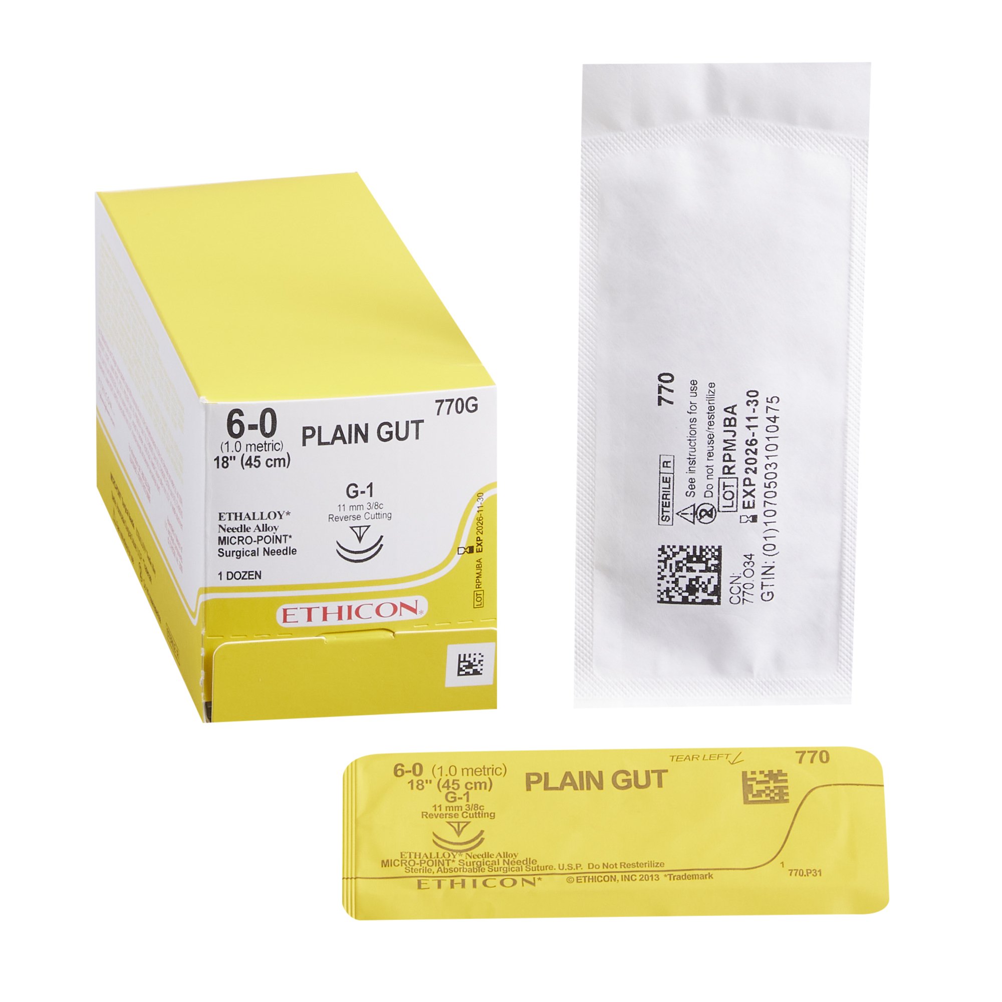 Absorbable Suture with Needle GUT PLAIN Gut G-1 3/8 Circle Needle Size 6-0 Monofilament