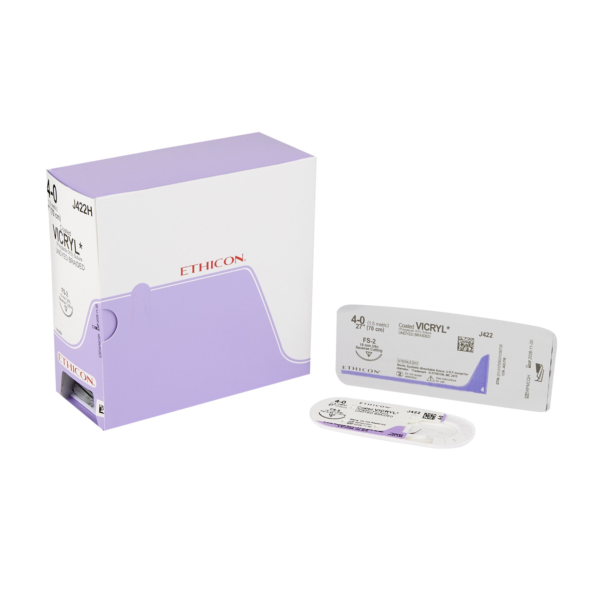 Absorbable Suture with Needle Coated Vicryl™ Polyglactin 910 FS-2 3/8 Circle Needle Size 4-0 Braided