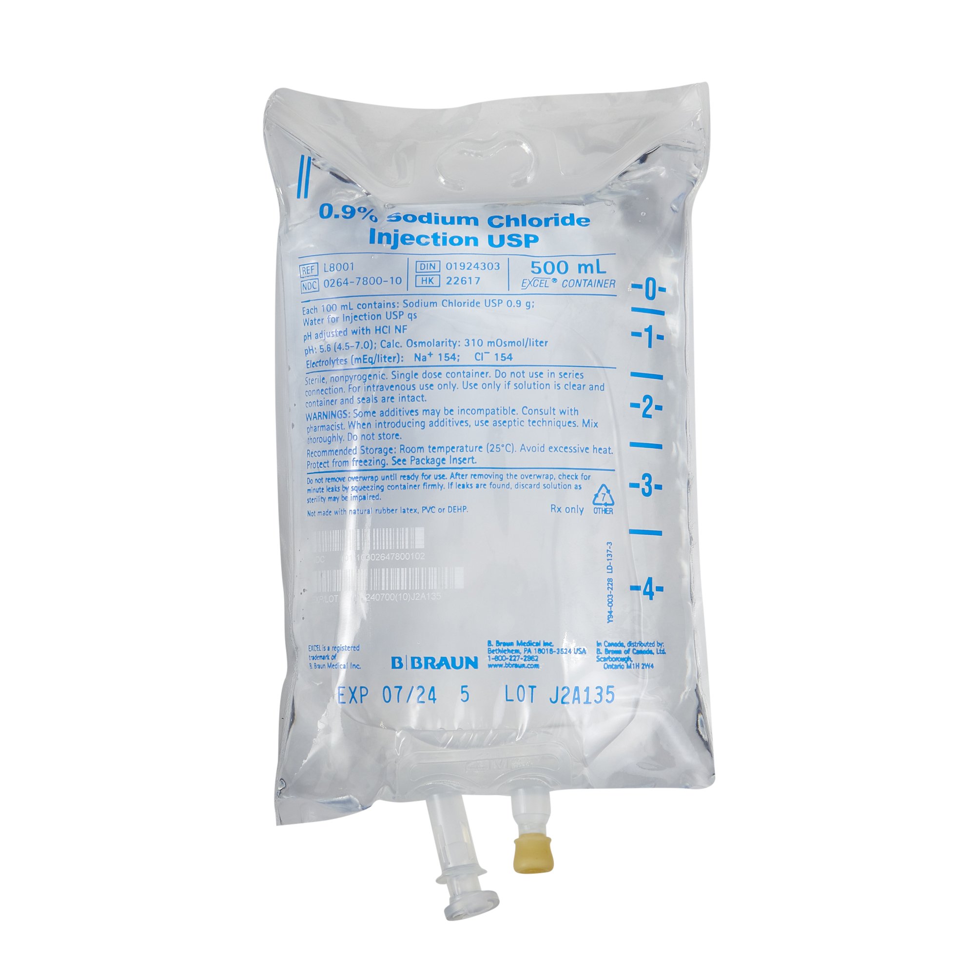 IV Solution Solution 0.9% Sodium Chloride 500mL Bag DEHP-Free Each, 24 EA/CA B. Braun Medical Inc.