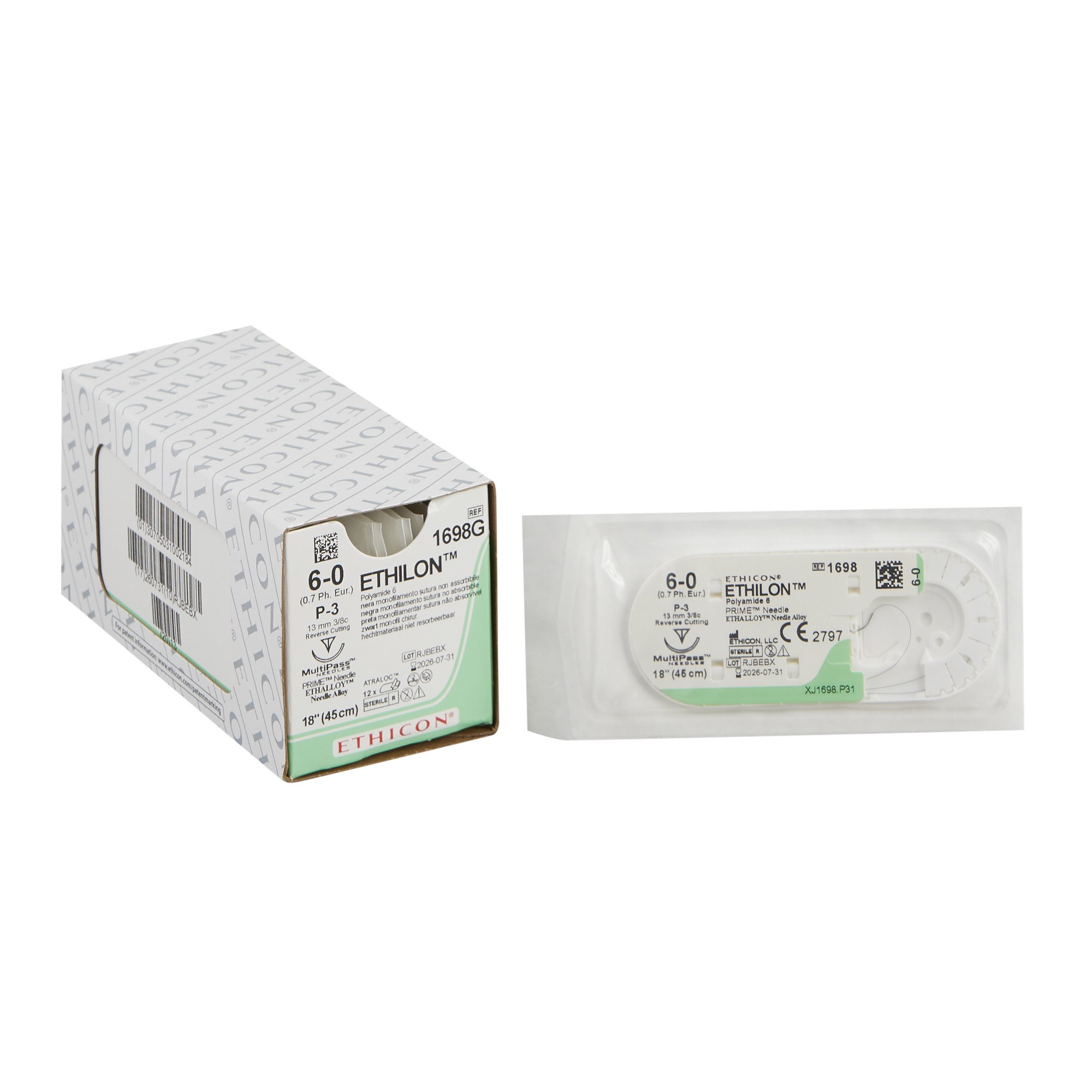 Nonabsorbable Suture with Needle Ethilon™ Nylon P-3 3/8 Circle Needle Size 6-0 Monofilament