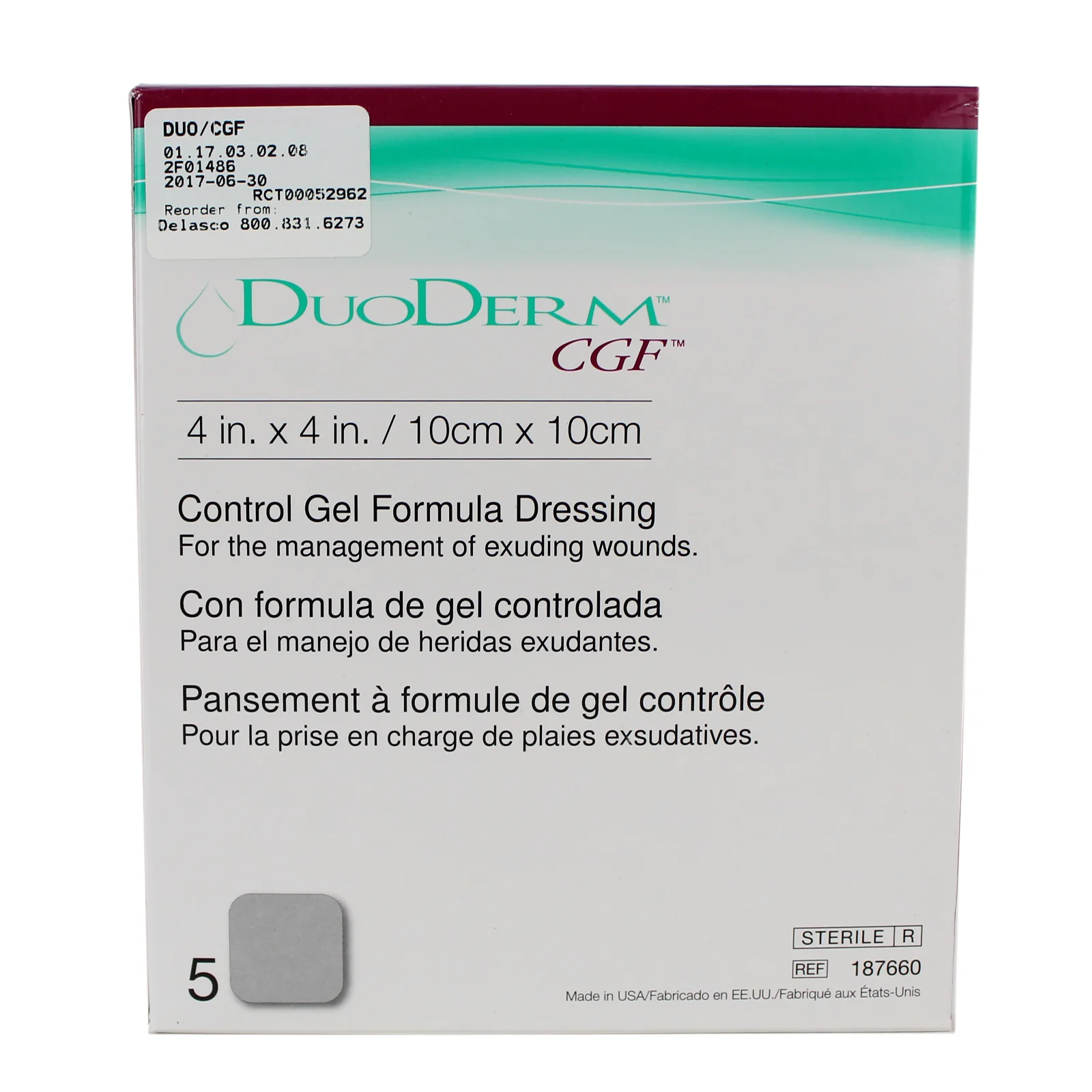 DuoDerm CGF Hydrocolloid Dressing 4x4" Ster Square Adherent Flesh Absorbent Latex, 20 BX/CA 187660