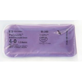 Absorbable Suture with Needle Polysorb™ Polyester CVF-23 1/2 Circle Taper Point Needle Size 4-0 Brai