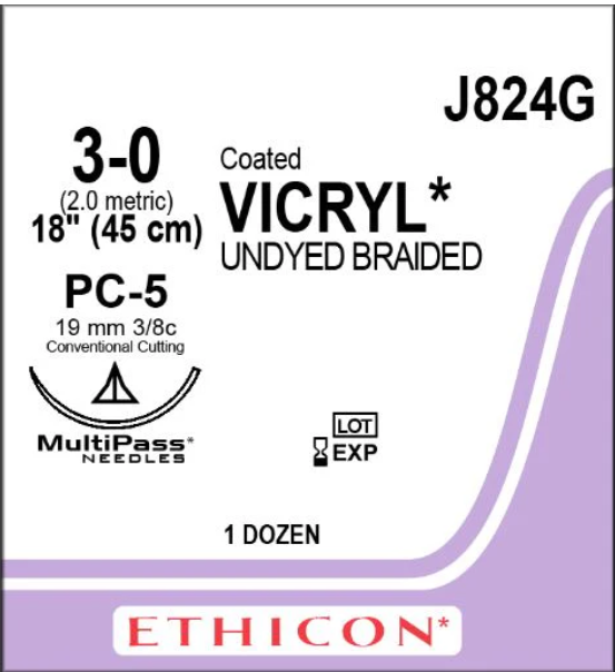 Vicryl Suture Polyglactin 910 Braid 3-0 18" Absorbable PC-5 Cutting Edge Coated Undyed 12/Box J824G