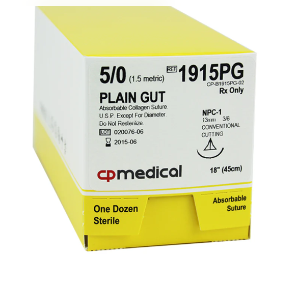 Suture Plain Gut Monofilament 5-0 1x18" Fast Absorbing PC-1 Conv Cutting Yellowish Tan 12/Box 1915G