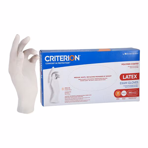 Criterion Polymer Coated Latex Exam Gloves Medium Standard White Non-Sterile 100/BX