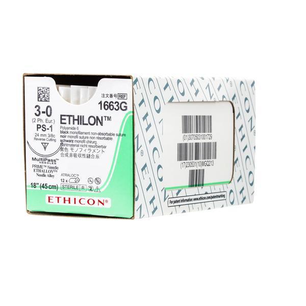 Ethilon Suture Nylon Monofilament 3-0 18" Non-Absorbable PS-1 Cutting Uncoated Black 12/Box 1663G