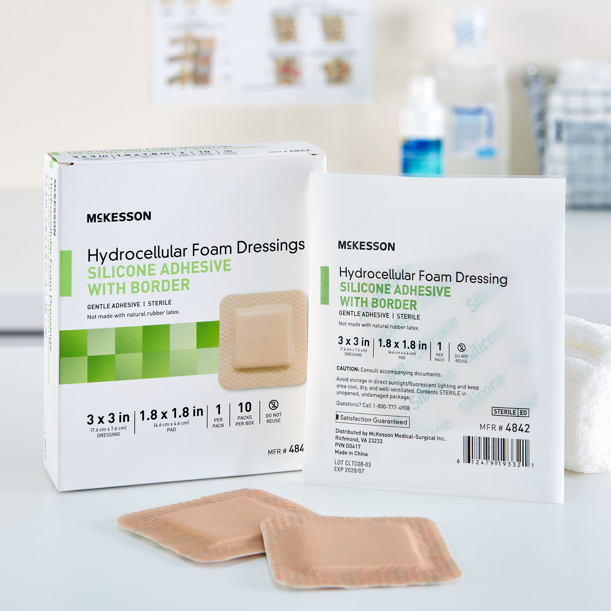 Foam Dressing McKesson 3 X 3 Inch With Border Film Backing Silicone Gel Adhesive Square Sterile 8864