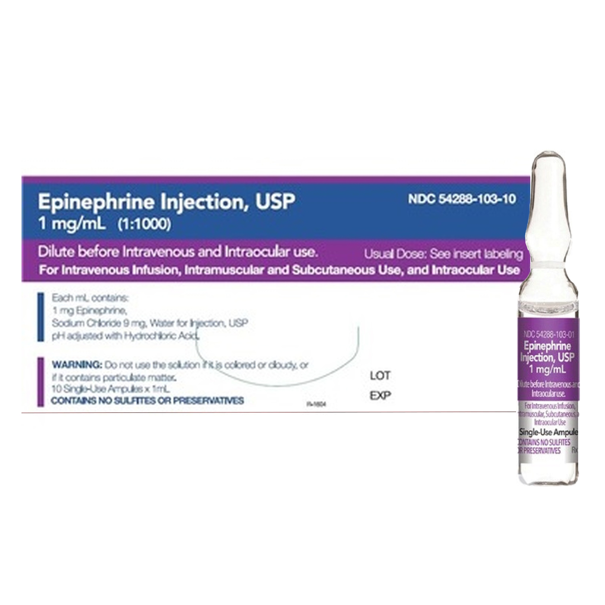 Epinephrine Injection 1mg/mL 1 1000 Ampule 1mL 10/Package