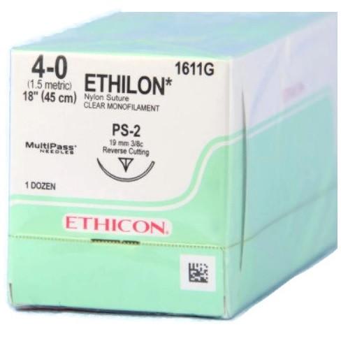 Ethilon Suture Nylon Monofilament 4-0 1x18" Non-Absorbable PS-2 Cutting Uncoated Undyed 12/Box 1611G